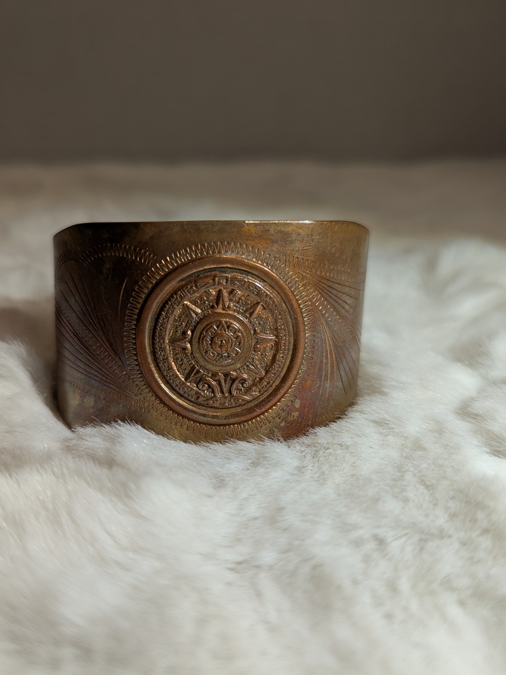 Vintage Mexican Copper Cuff - Etched Aztec Calendar